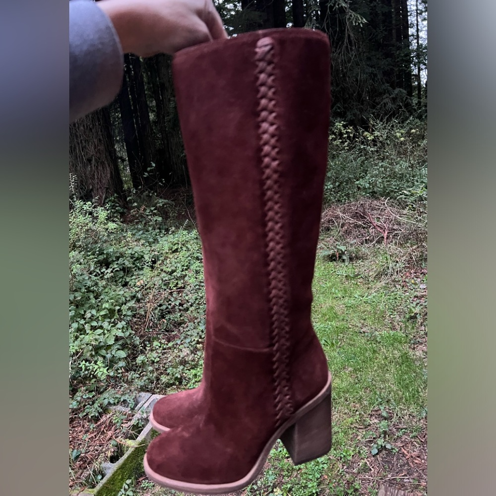 UGG Burgundy Brown Suede Leather Braided Chunky Stacked Heel Boots NIB